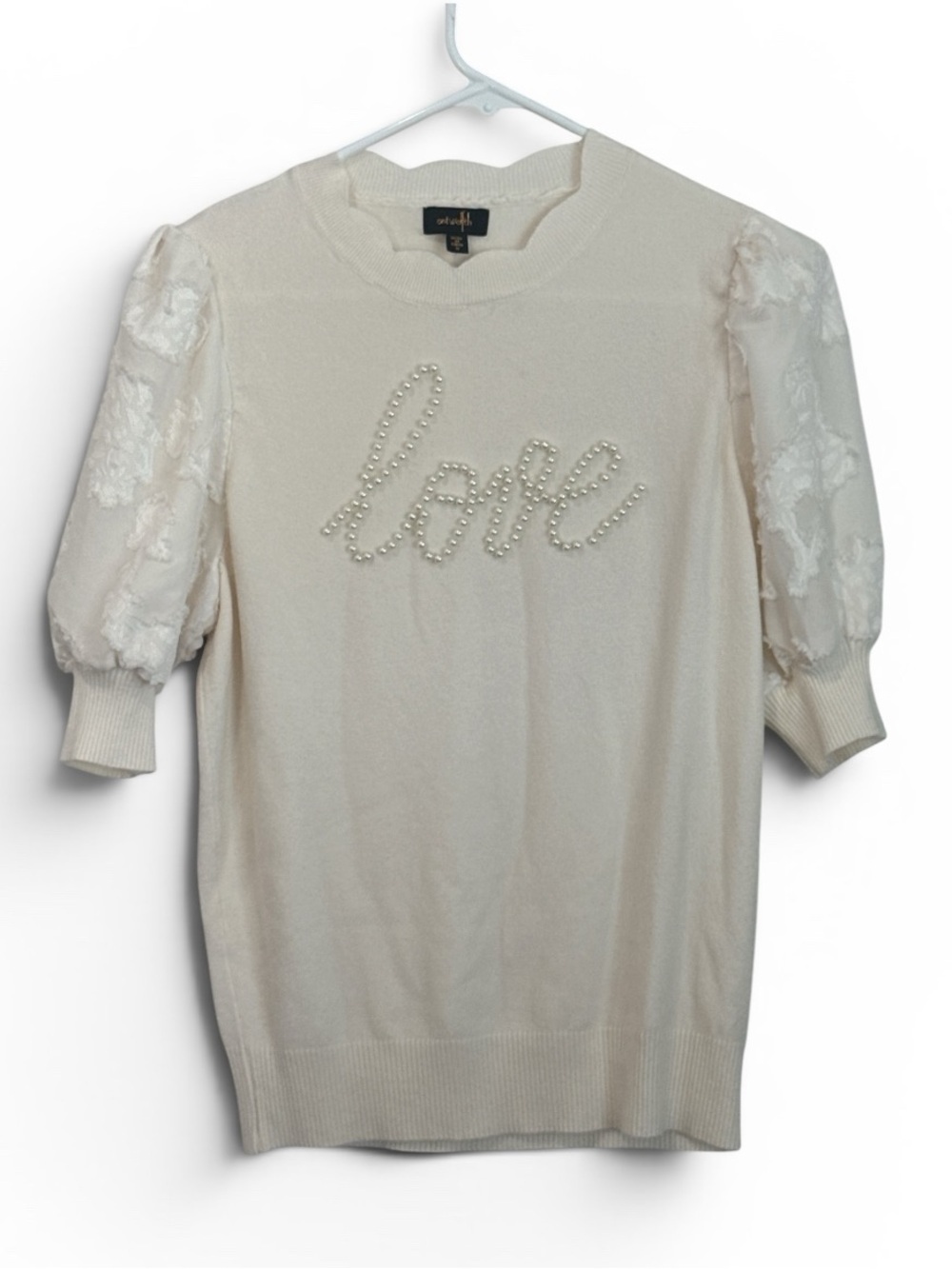 OnTwelfth Cream Pearl-Embellished "Love" Puff-Sleeve Knit Sweater